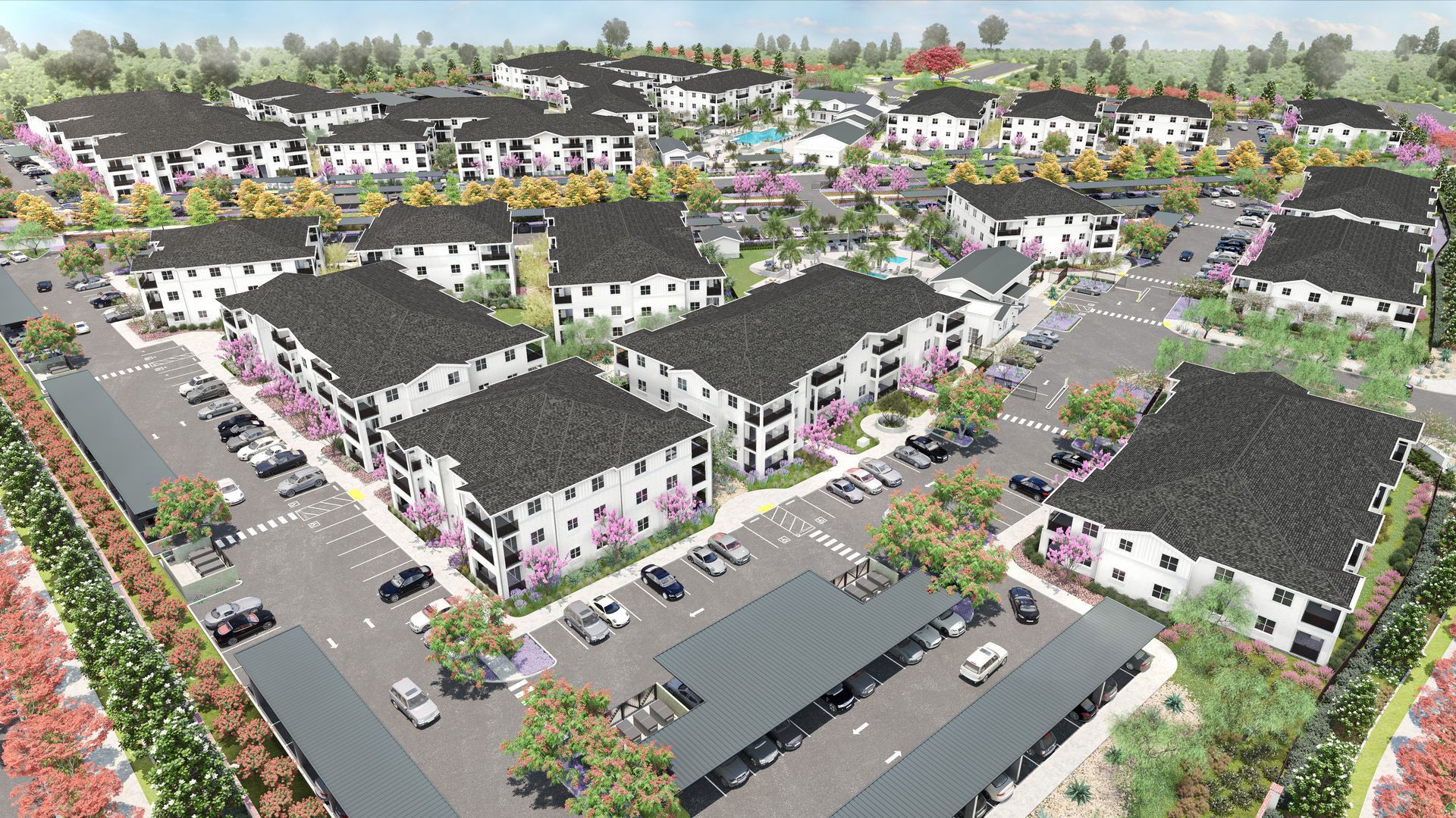 Aerial rendering of a multi-unit apartment complex with parking, trees, and dark rooftops.