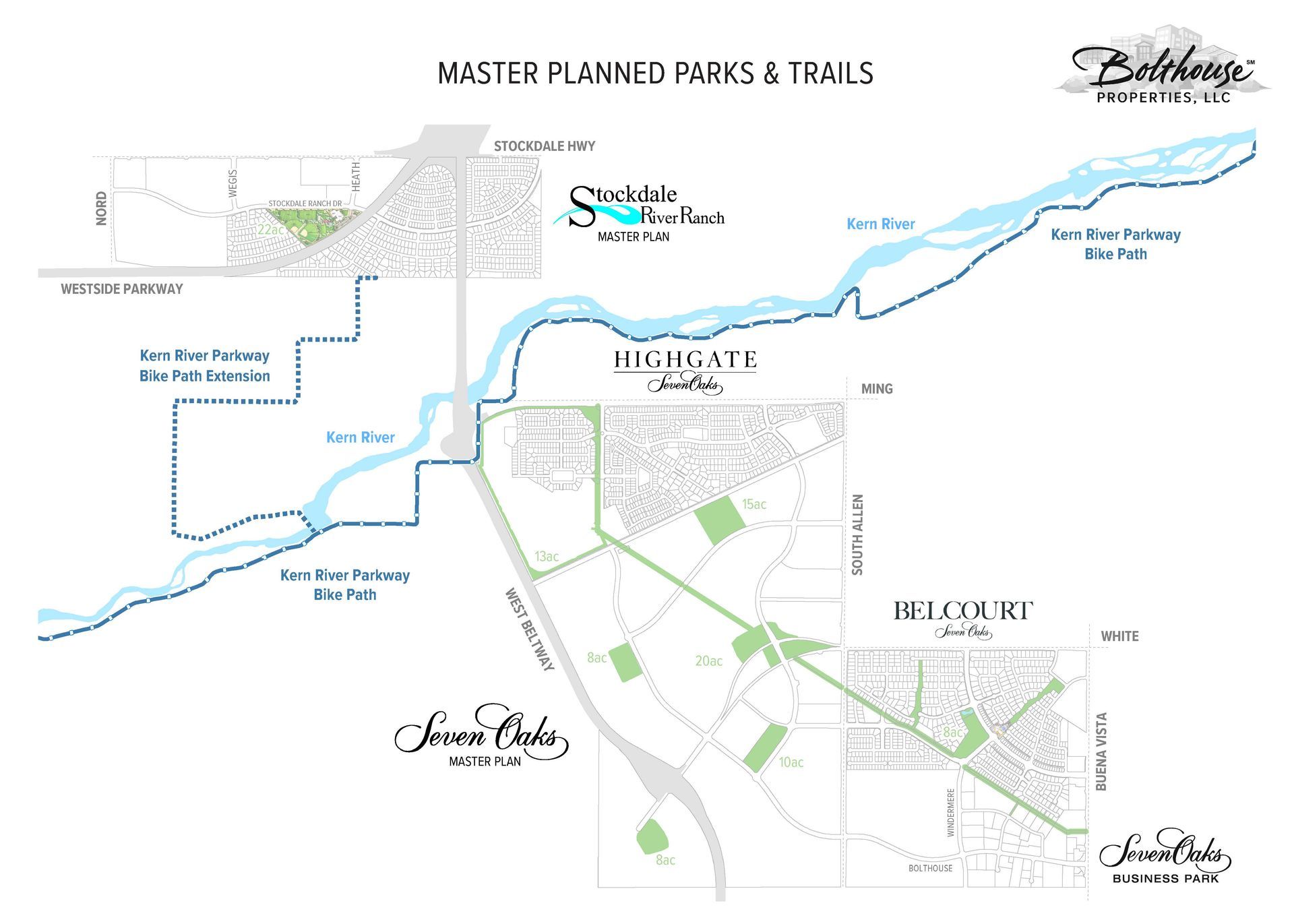Map of planned parks and trails in Belbridge, including river and green spaces.