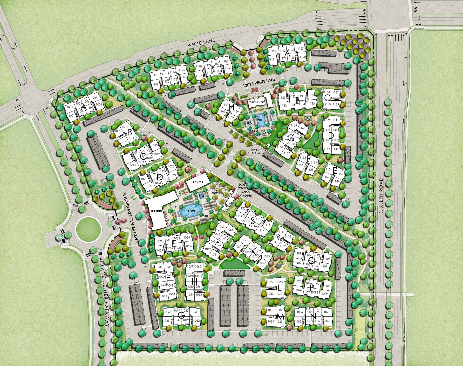 Overhead view of a residential community plan. White buildings surround green spaces and tree-lined streets, bordered by roads.