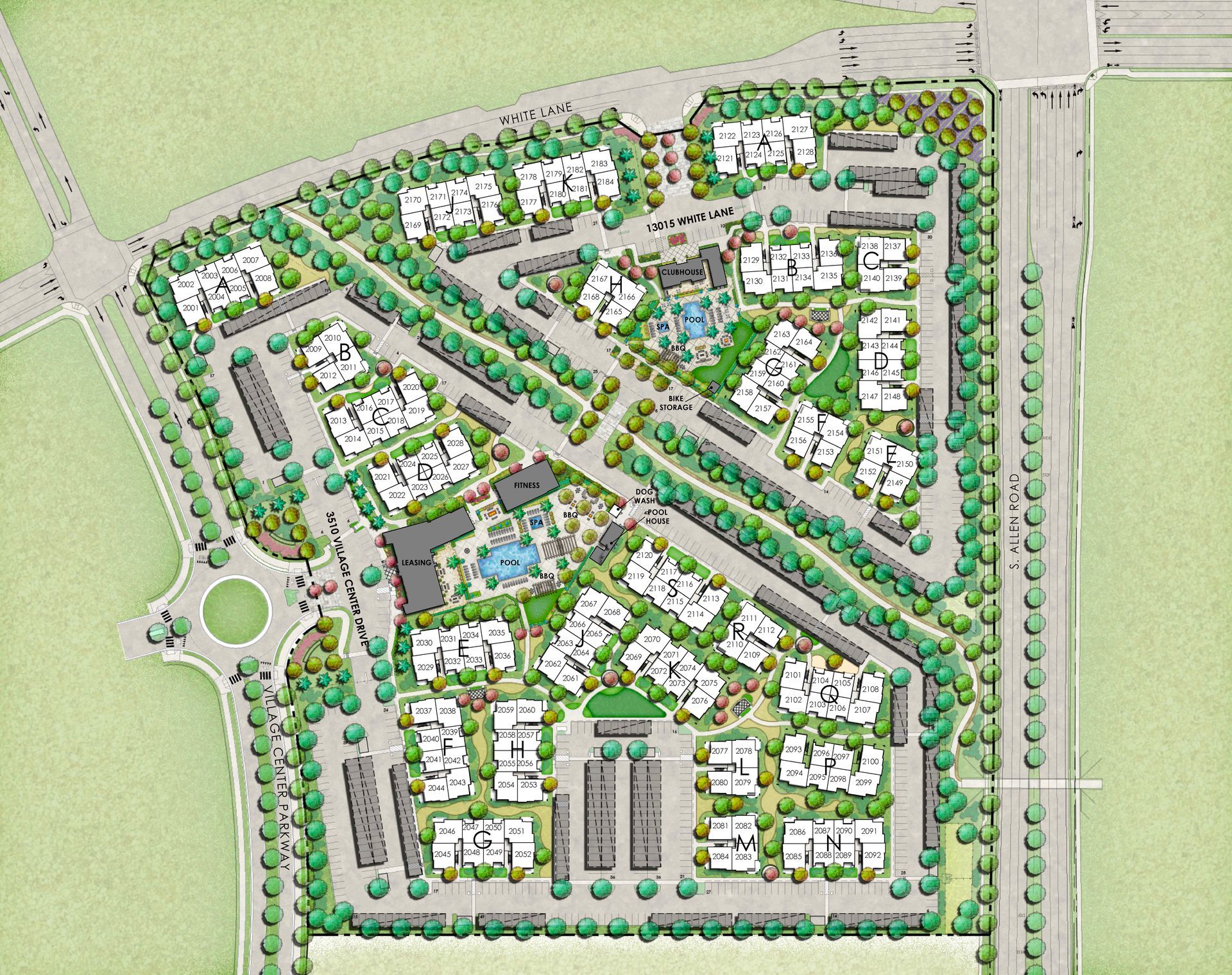 Overhead view of a planned apartment complex with buildings, roads, landscaping, and a central water feature.