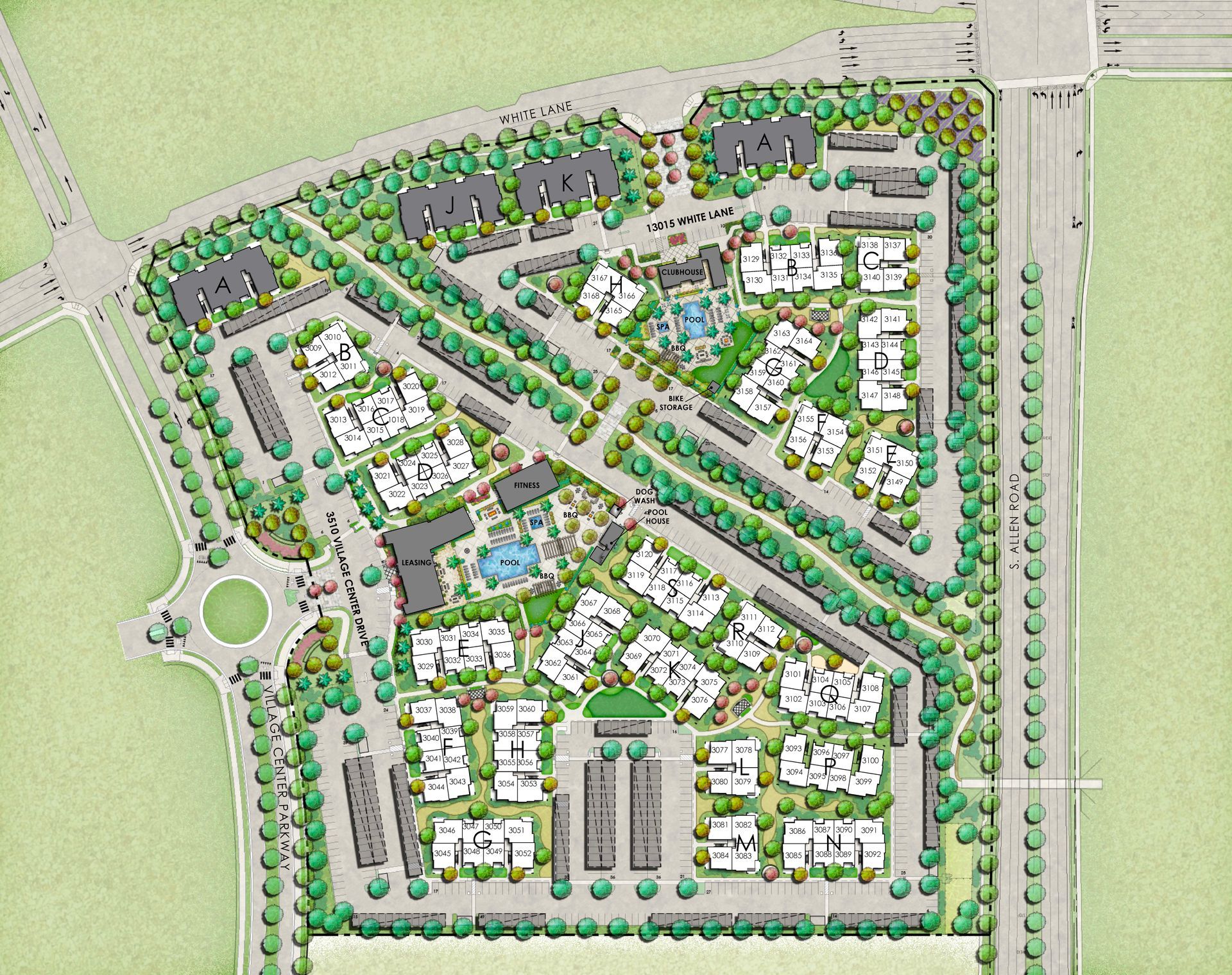 A bird's-eye view plan of a residential development with buildings, roads, and green spaces.