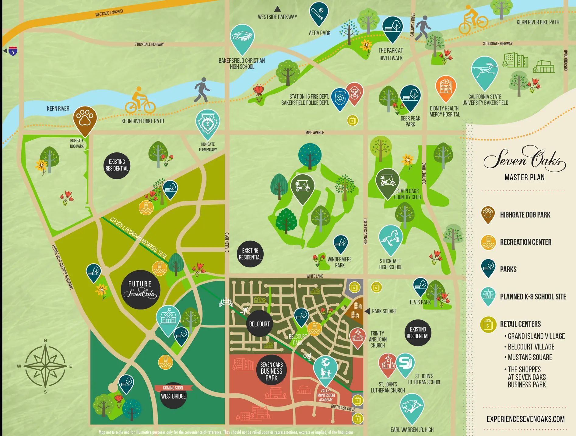 Map of a community, showing parks, golf course, homes, and amenities.