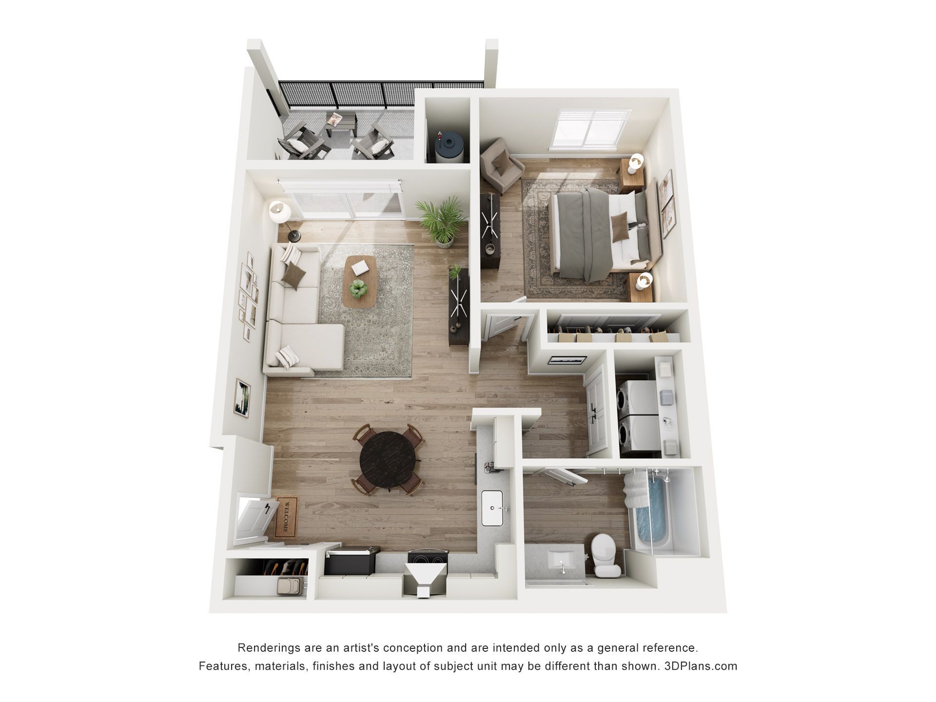 Floor plan of a one-bedroom apartment with a living room, dining area, kitchen, bathroom, bedroom, and balcony.