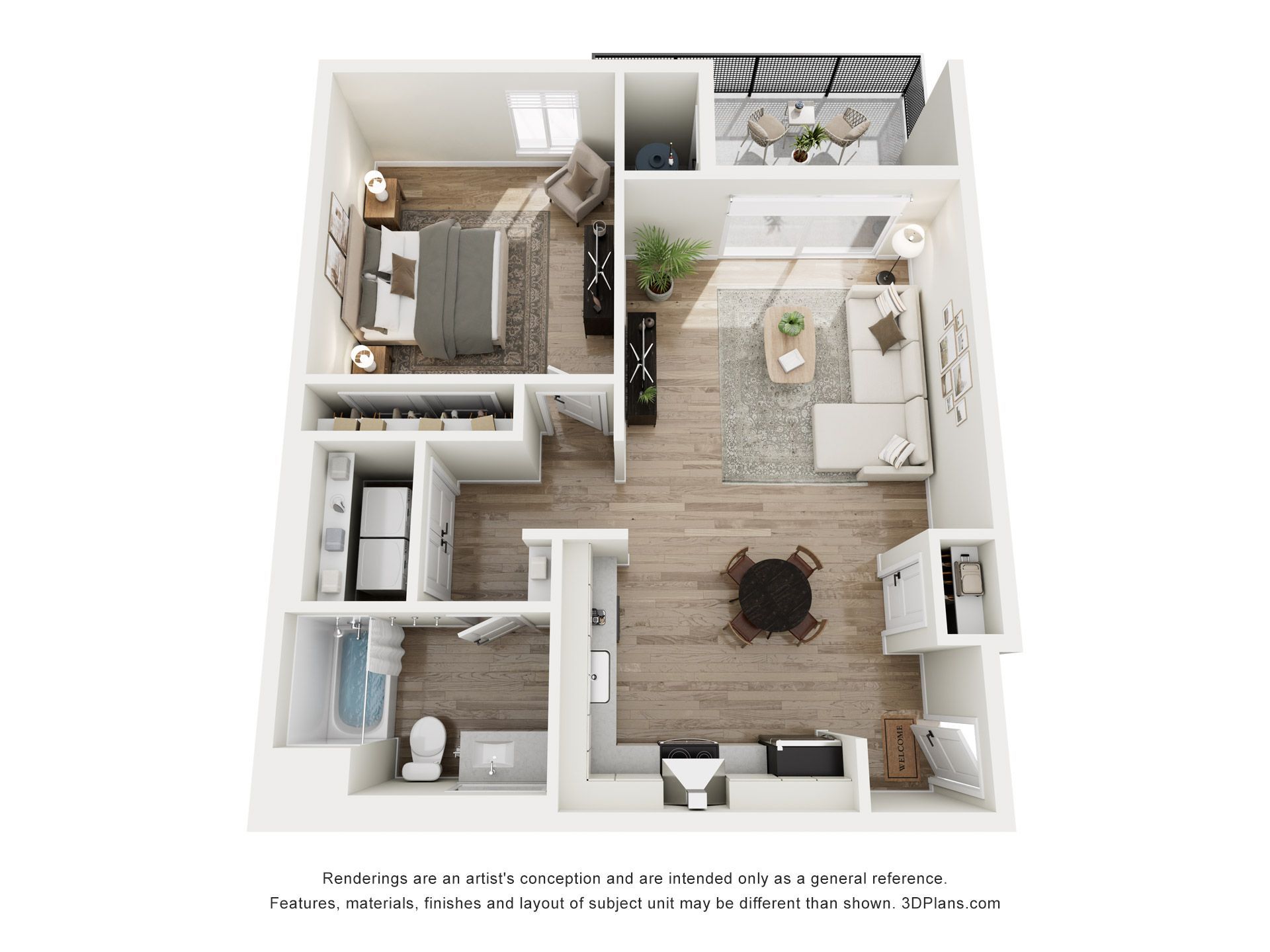 Floor plan of a one-bedroom apartment with a bedroom, living room, kitchen, and balcony.