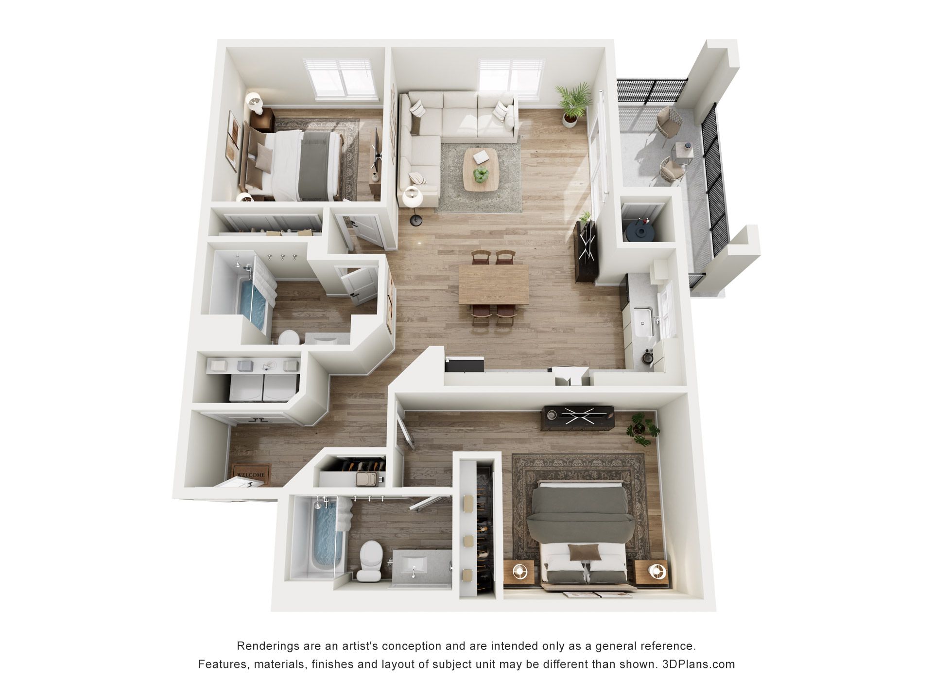 Top-down view of a modern two-bedroom apartment floor plan with furniture and fixtures.