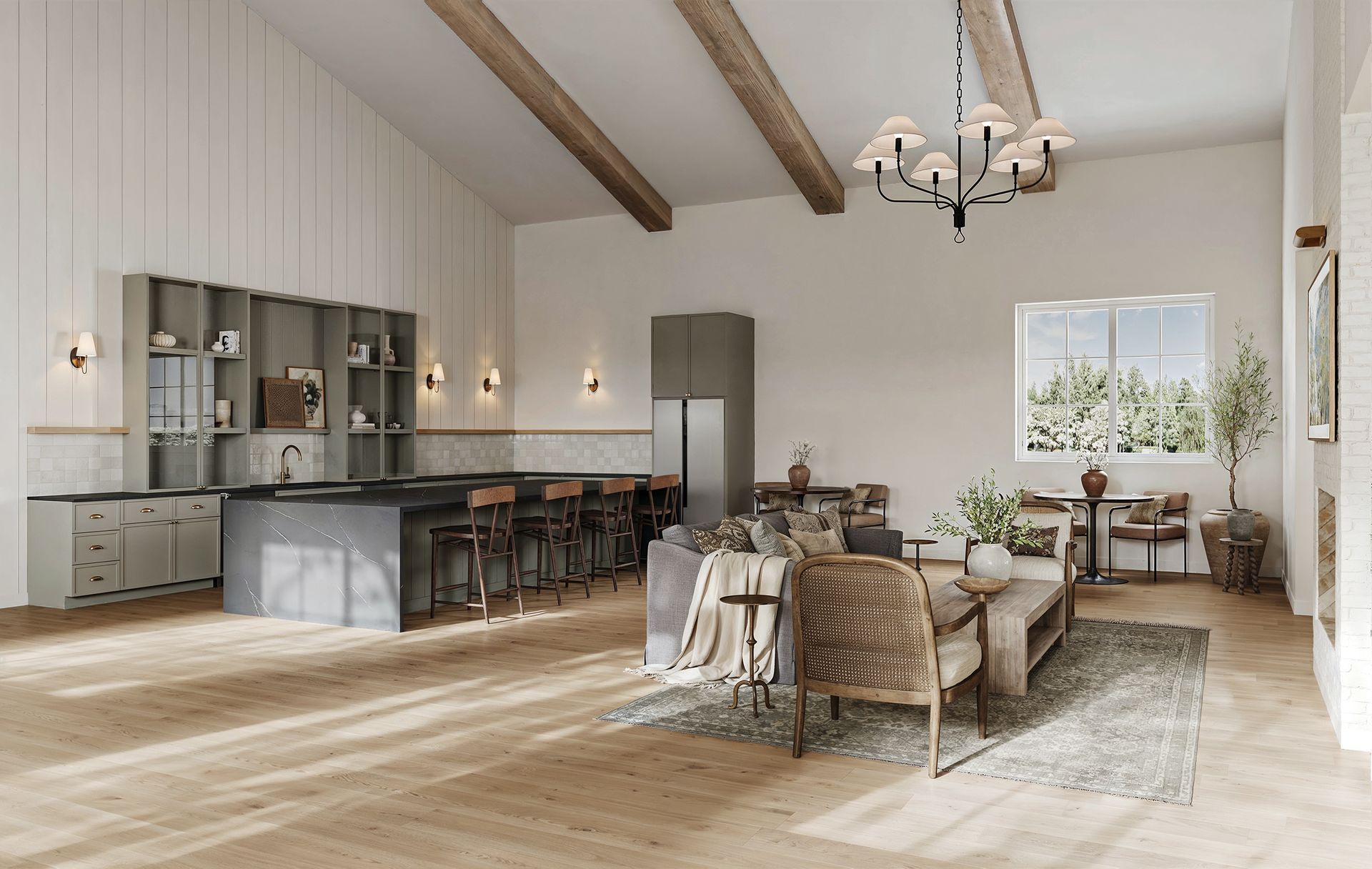 Residential complex with white buildings, pool, landscaping, and a sunny sky.