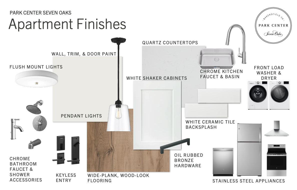Apartment finishes mood board: white cabinets, wood flooring, neutral wall paint, and metallic fixtures.