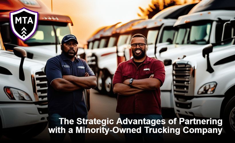 two men are standing in front of a row of trucks