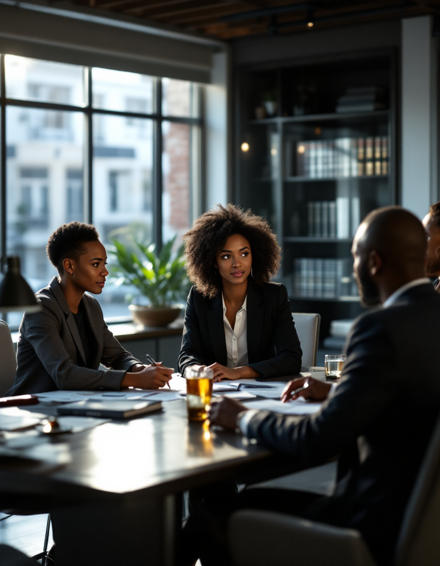 Real estate agent and clients talking about properties in a conference room