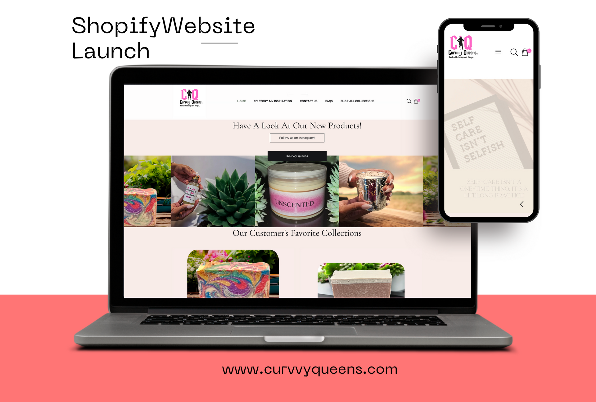 A laptop and a cell phone are displaying a shopify website.