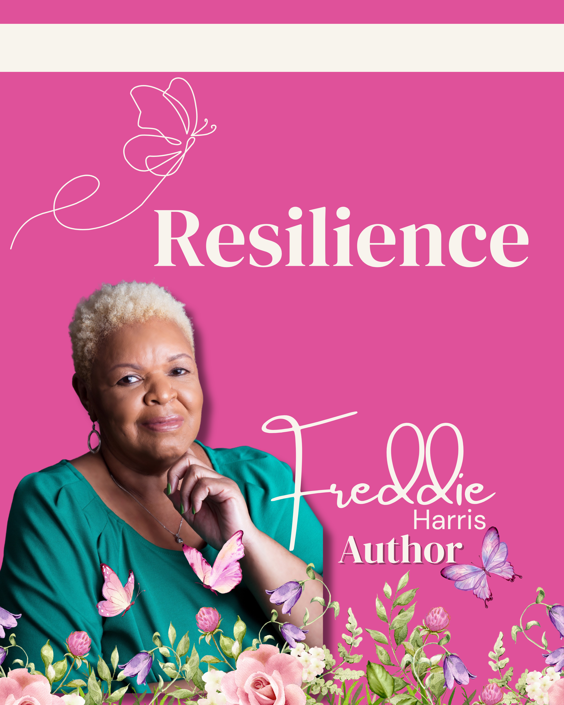 A woman is sitting in front of a pink background with flowers and butterflies.