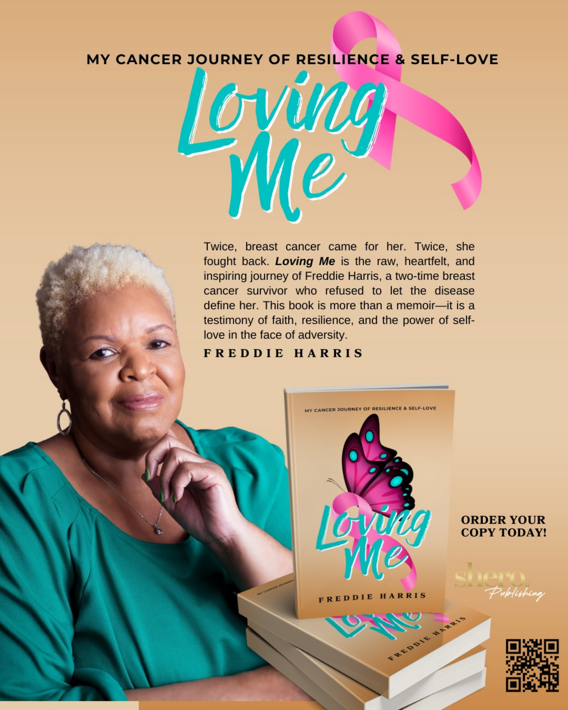 A woman is sitting next to a book titled loving me