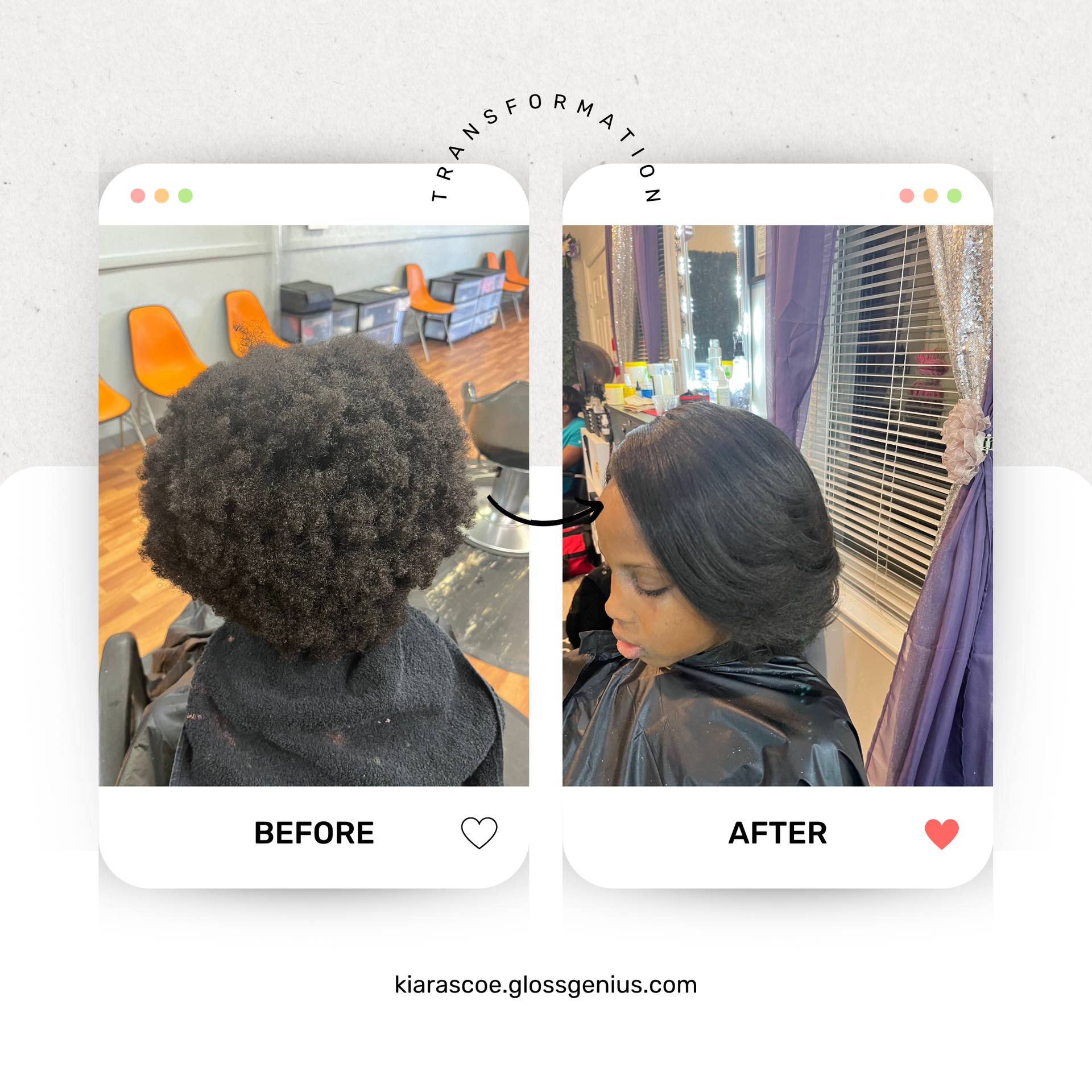 A before and after photo of a woman 's hair in a salon.