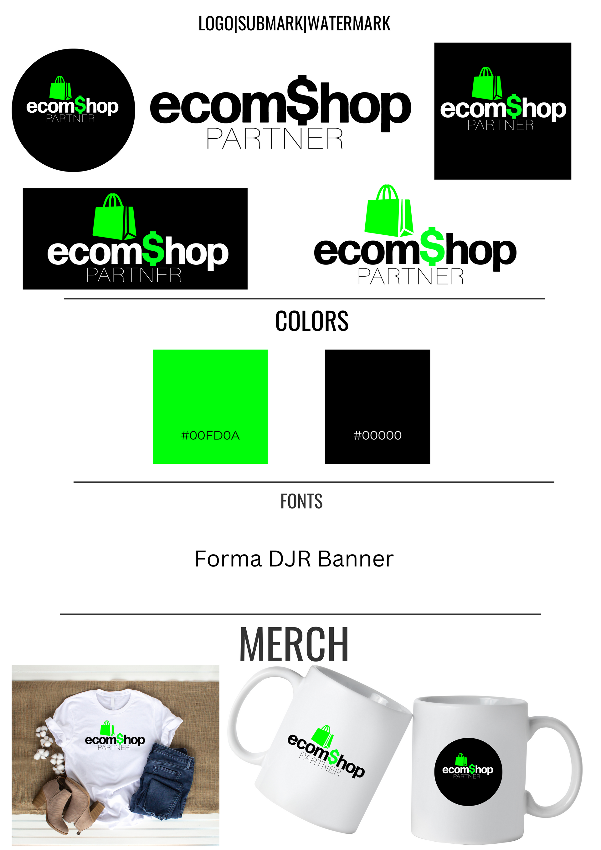A flyer for a company called ecomshop with a logo , colors , fonts , and merch.
