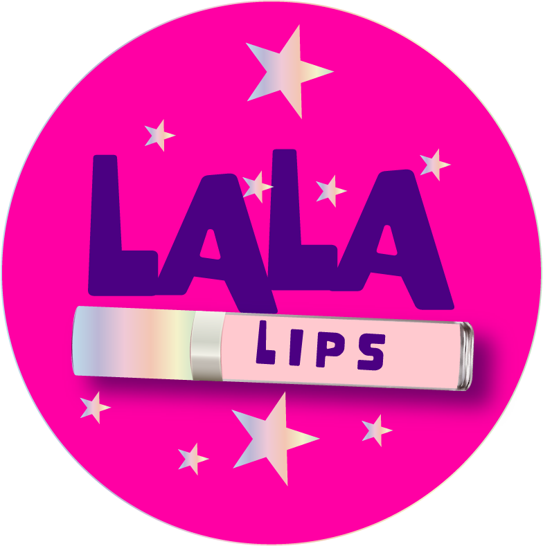 A pink circle with lala lips written on it
