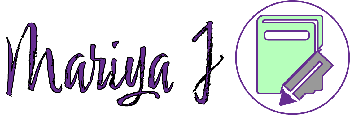 A logo for mariya j. with a book and a pen in a circle.