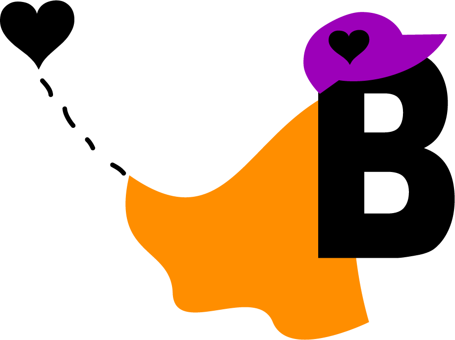 A black letter b with a purple hat and a heart