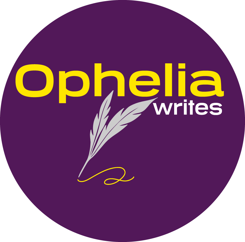The logo for ophelia writes is a purple circle with a feather in the middle.
