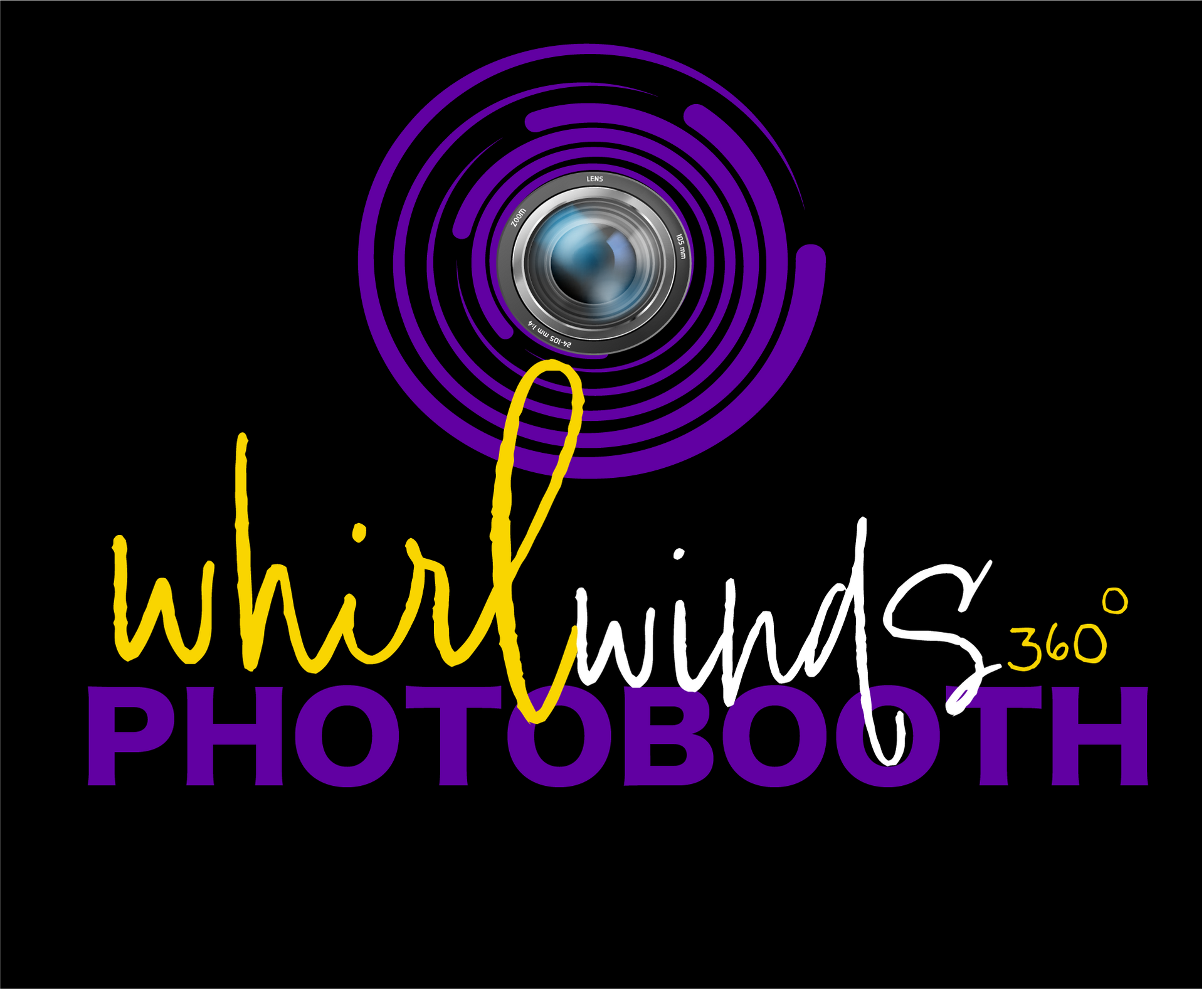 A purple and yellow logo for whirlwinds 360 photo booth