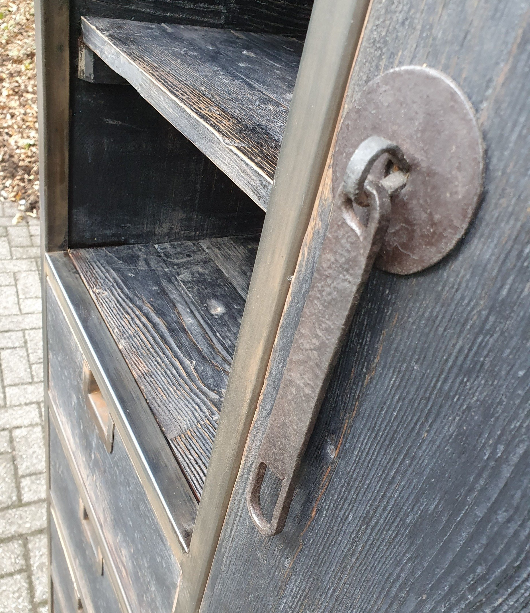 Open opbergkast met lades en deur, zwart Chinees Elm hout