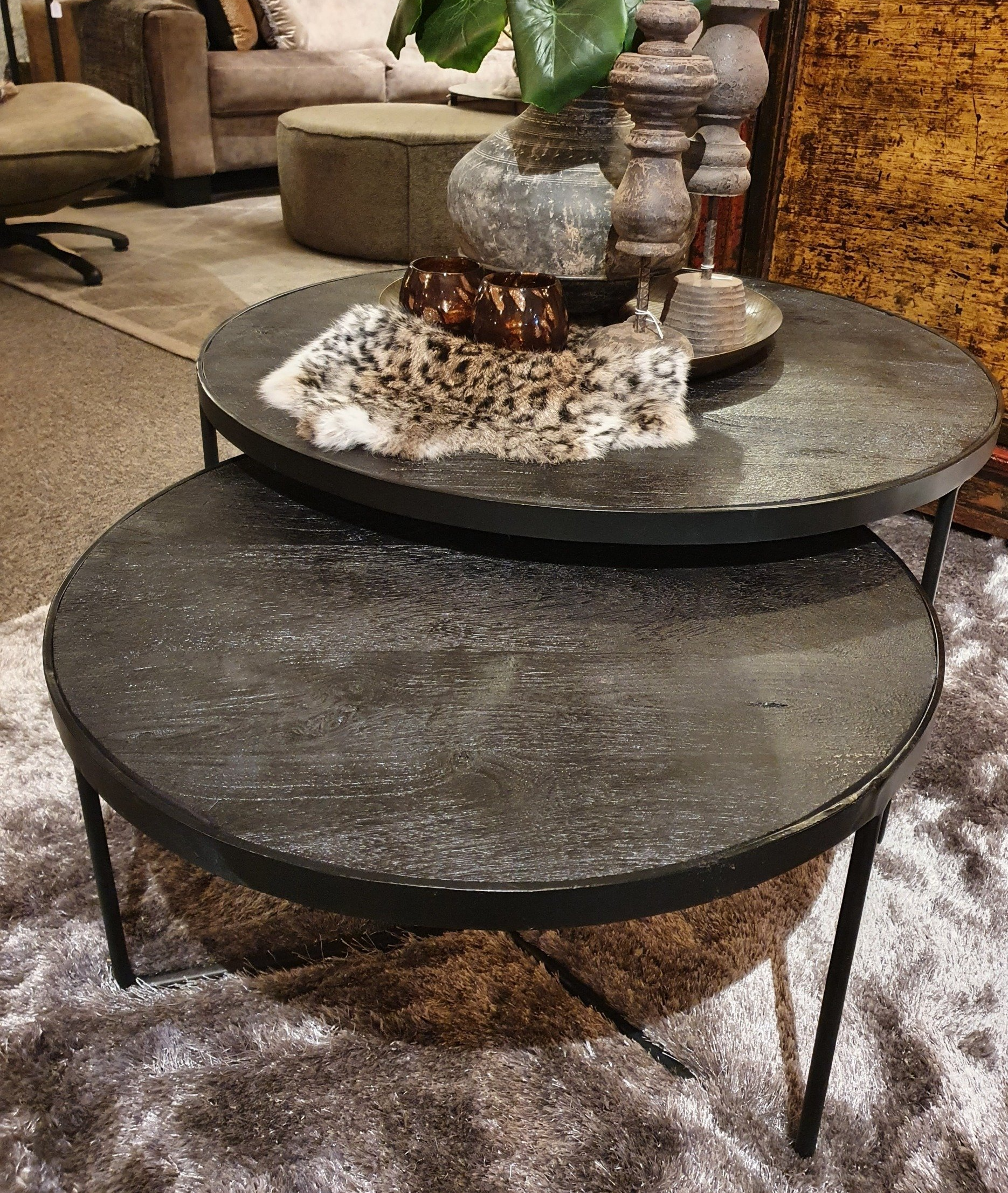 Ronde salontafel set blad zwart hout met poot frame zwart