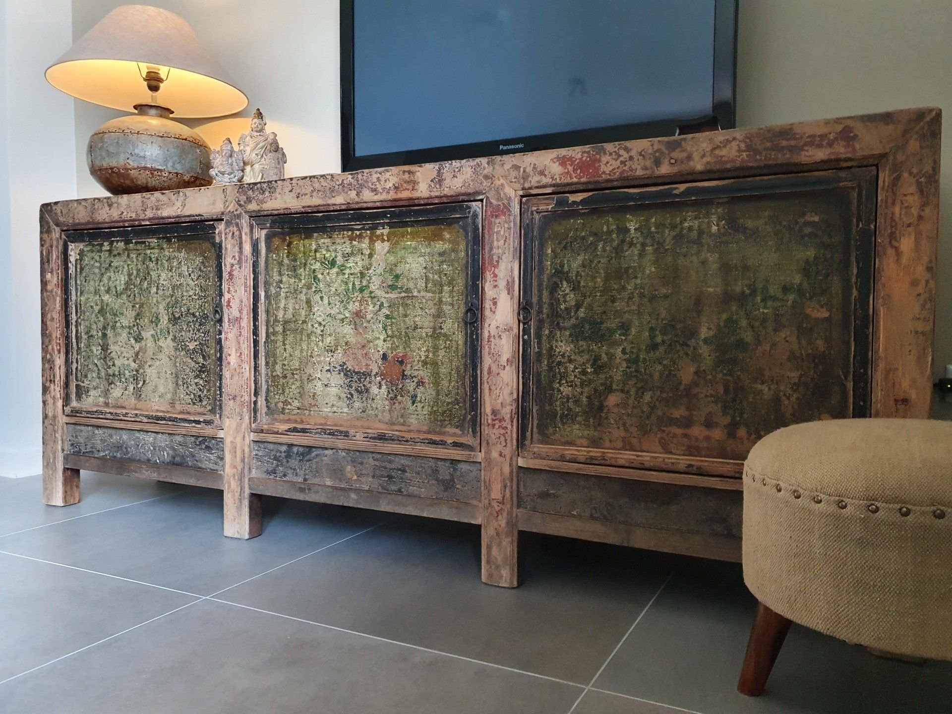 Houten dressoir met deuren en lades, bakkerskist origineel groen bruin