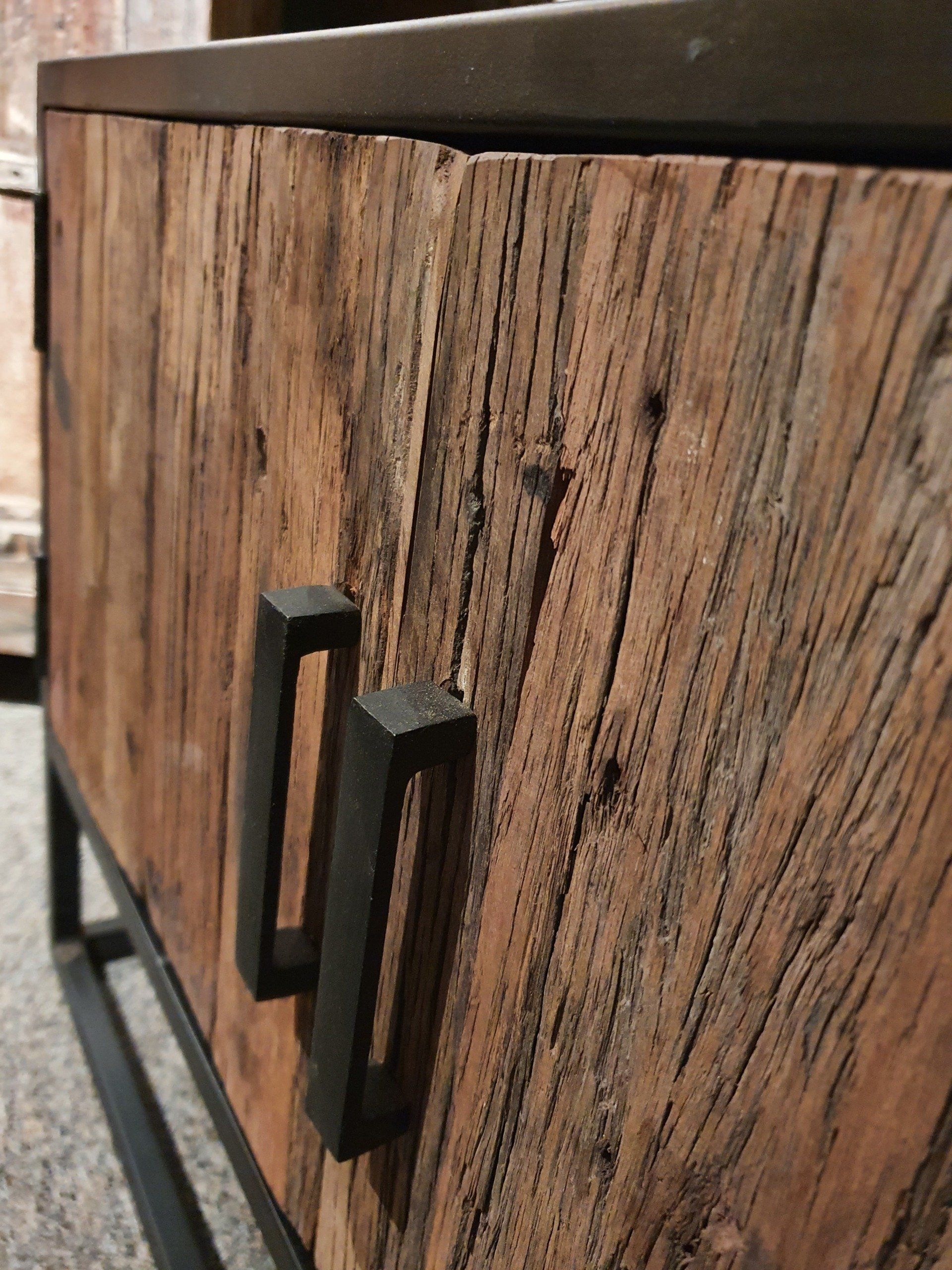 Laag TV meubel met deuren en lade, bielzen hout en metaal zwart