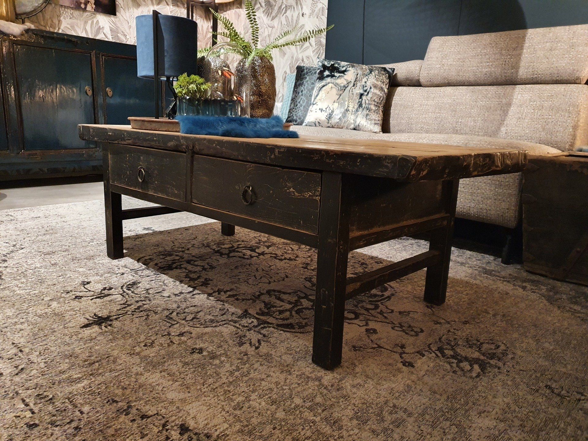 Rechthoekige salontafel met 2 lades Chinees Elm hout zwart