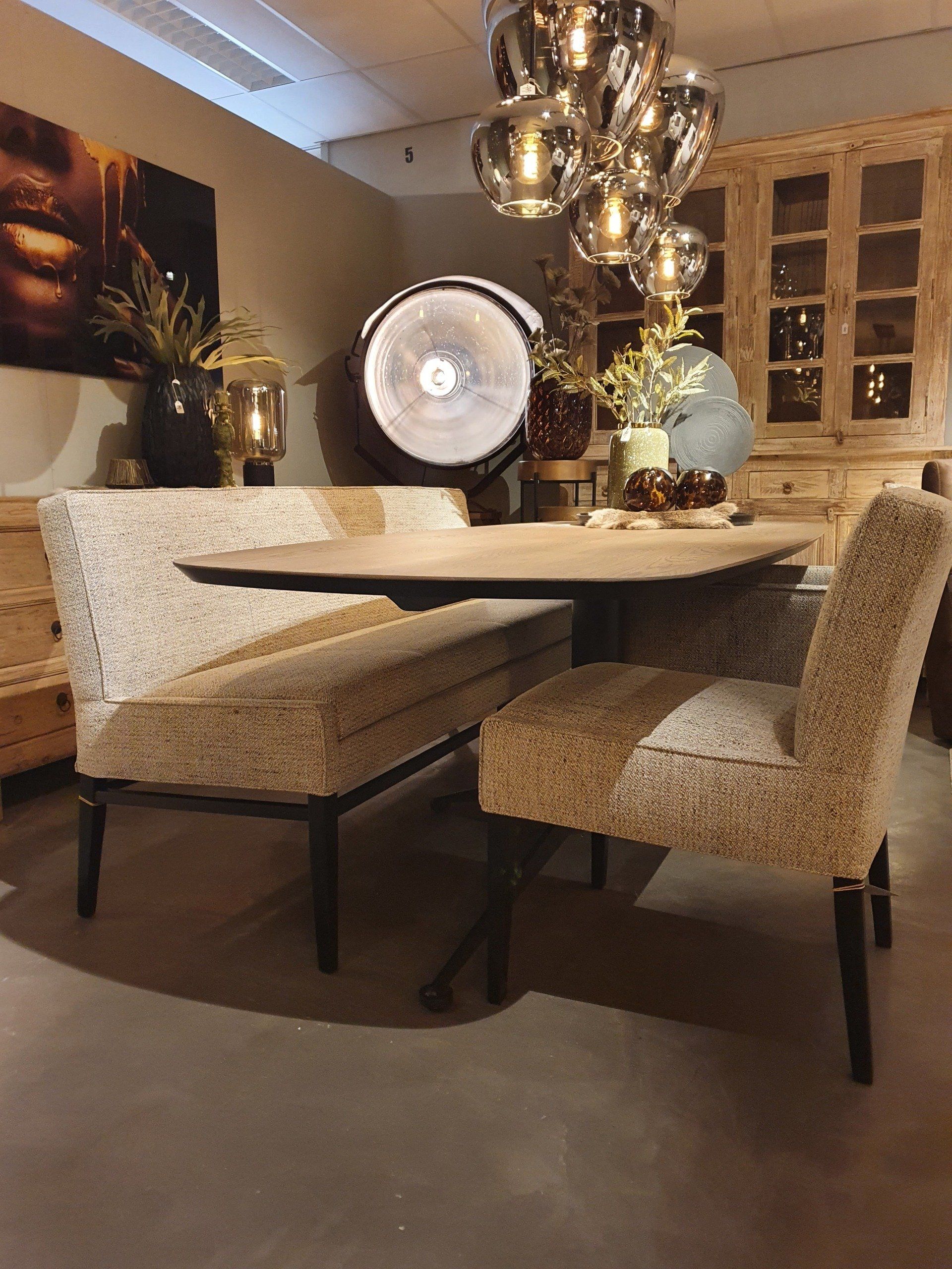 Eetkamerbank in gemĂȘleerde stof ecru met houten poot