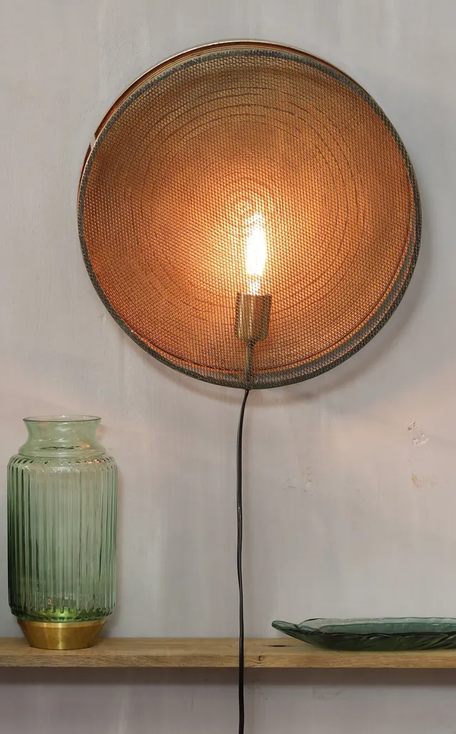 Wandlamp kooi circel met raster, metaal goud