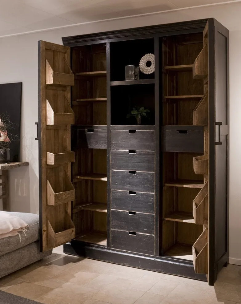 Open opbergkast met lades en deuren, zwart Chinees Elm hout