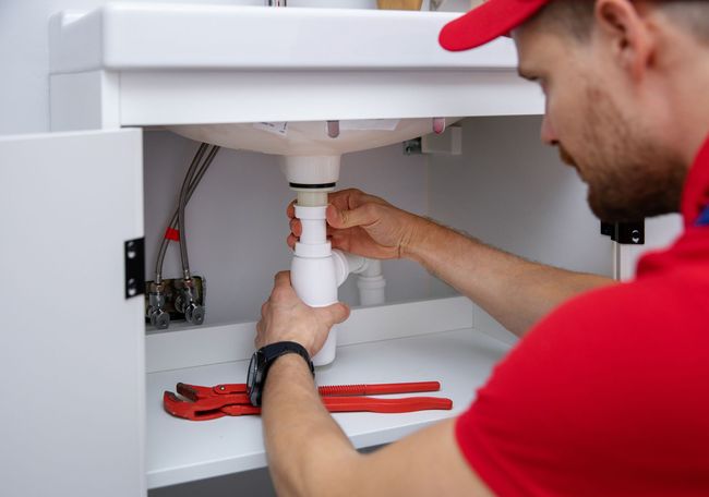 Plumber in red shirt and cap fixing pipes under a white bathroom sink.