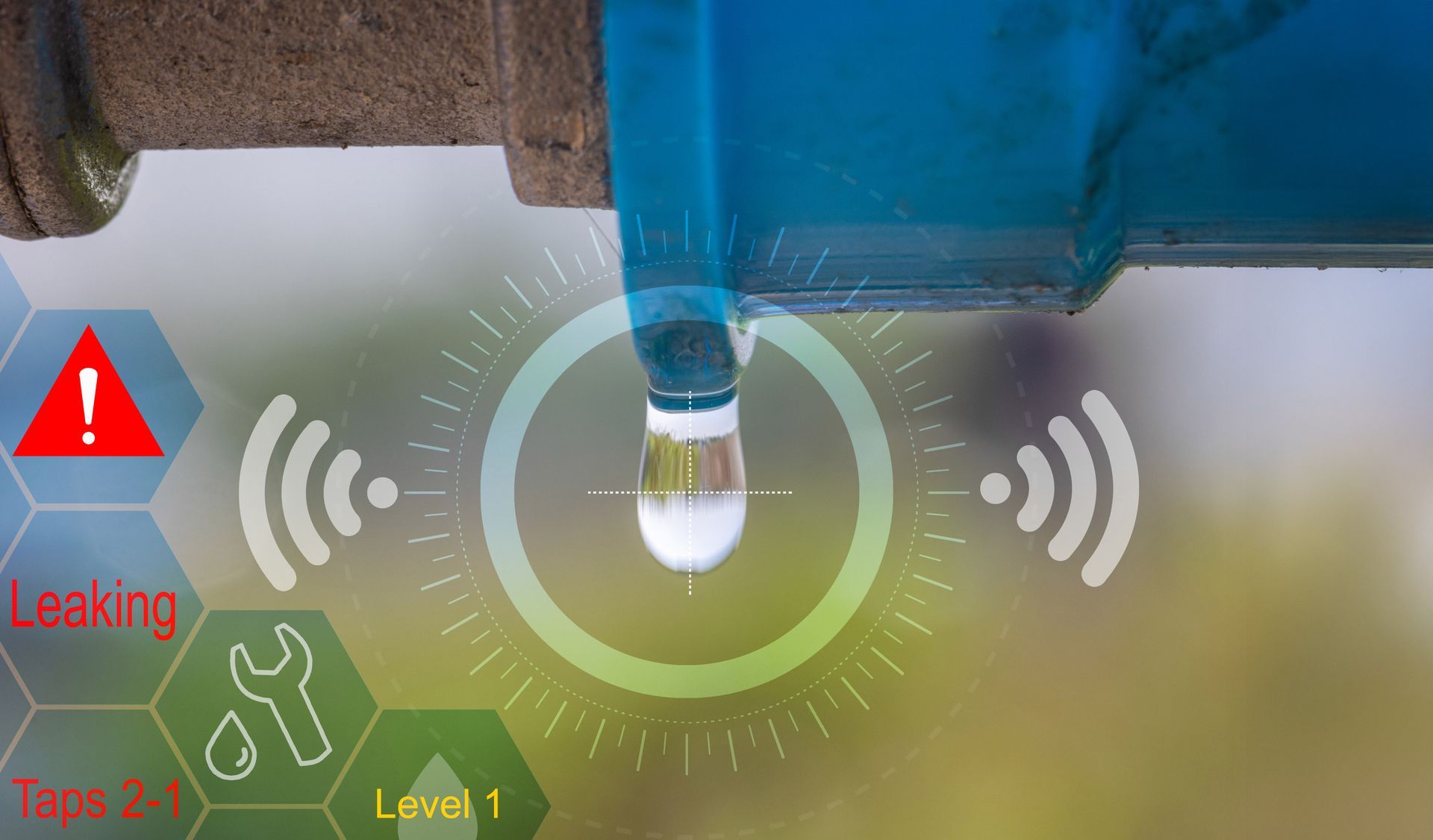 A water pipe leaking with a digital overlay showing alerts, status, and wireless signals.