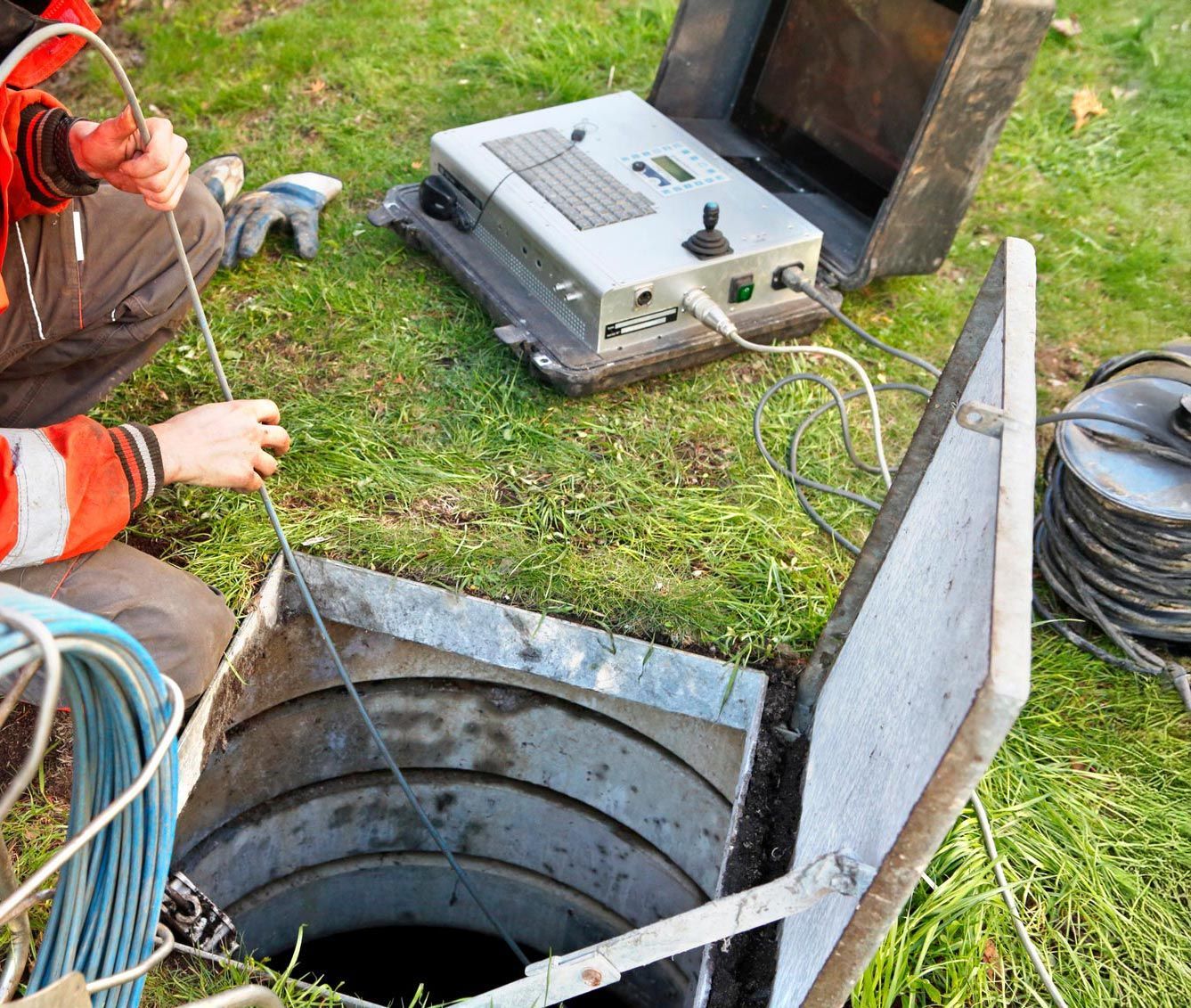 Person inspecting a manhole with equipment on the grass.