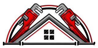 Logo with red pipe wrenches, house shape, and window squares.