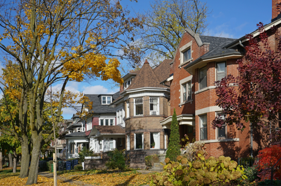 a row of houses with trees in front of them on a sunny day .