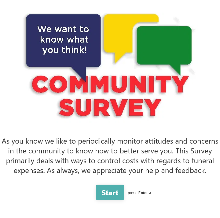 An advertisement for a community survey that says we want to know what you think