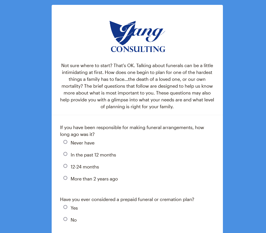 A brochure for jang consulting is on a blue background.