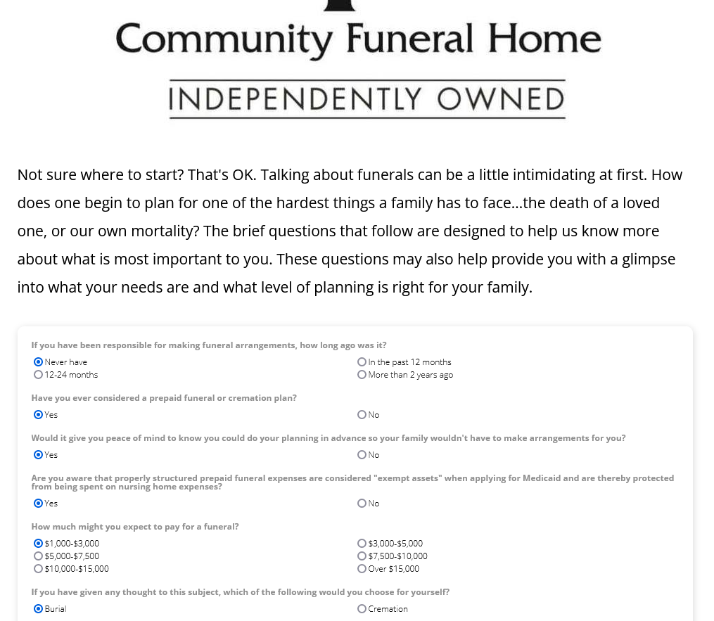 A screenshot of a community funeral home independently owned website.
