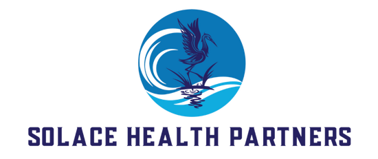 The logo for solace health partners is a blue circle with a bird on it.