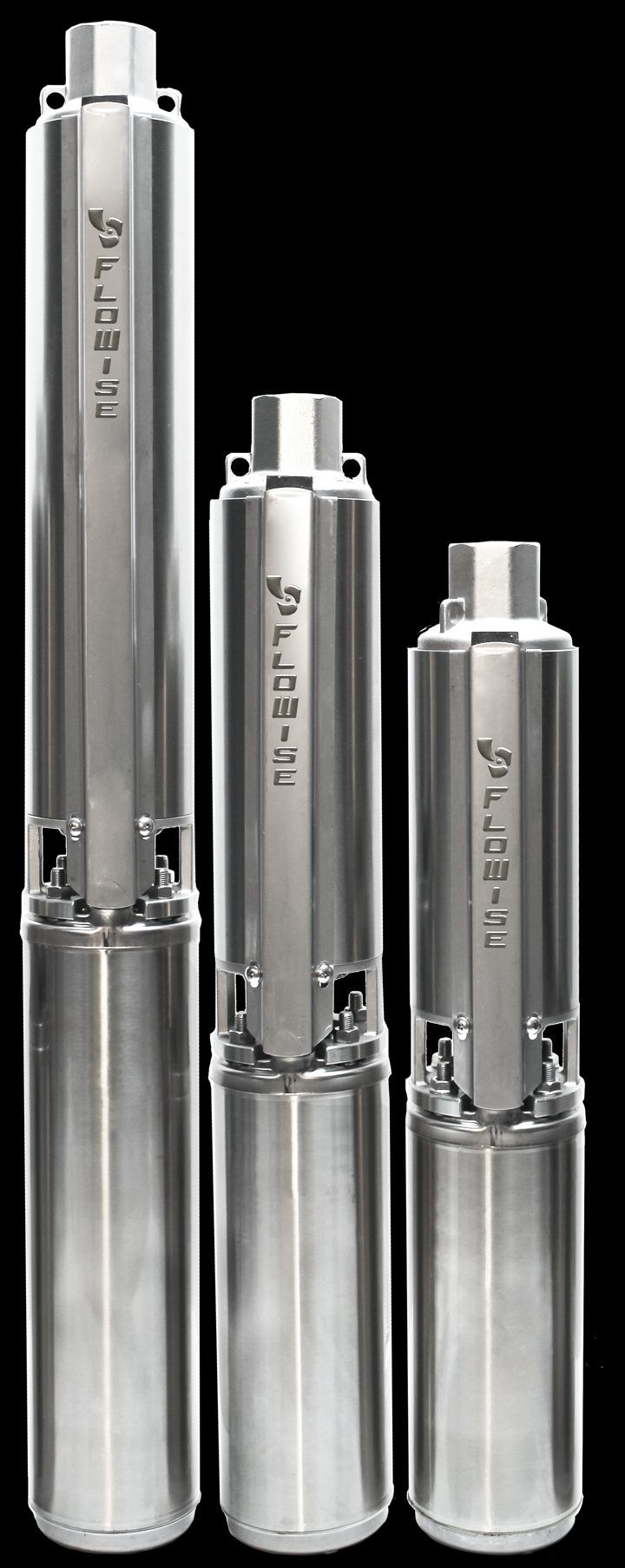 Three stainless steel water pumps are sitting next to each other on a black background.