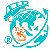 Ônibus e globo terrestre na cor verde-azulada com bagagem laranja, ícone de localização e seta para cima. Símbolo de marca registrada.