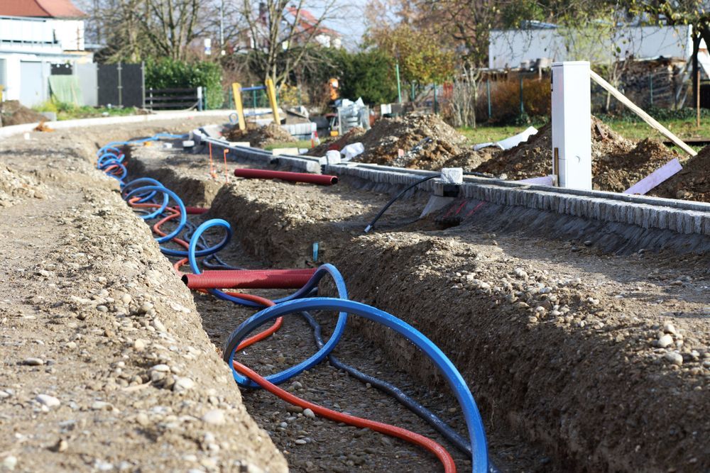 Trenches Dug in Dirt With Blue and Red Pipes Laid for Utility Work — Atherton Location Services In Atherton, QLD