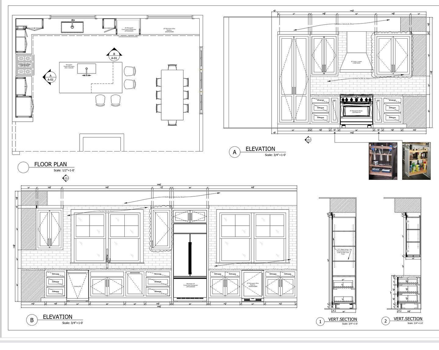 Kitchen floor plan with elevations and details. Shows layout of cabinets, island, and appliances.