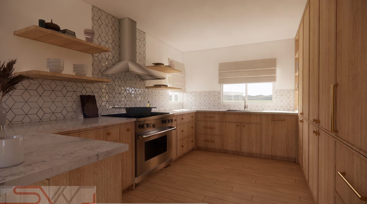 Wooden kitchen with cabinets, stainless steel appliances, and patterned backsplash.