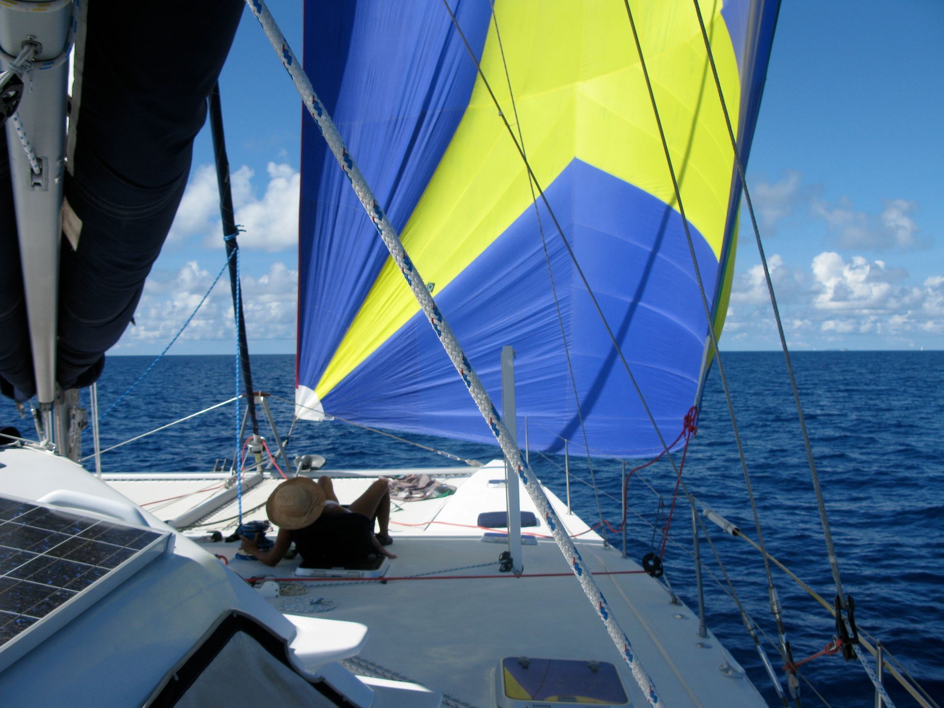 Atlantic 48 catamaran Chris White Designs under spinnaker in Caribbean
