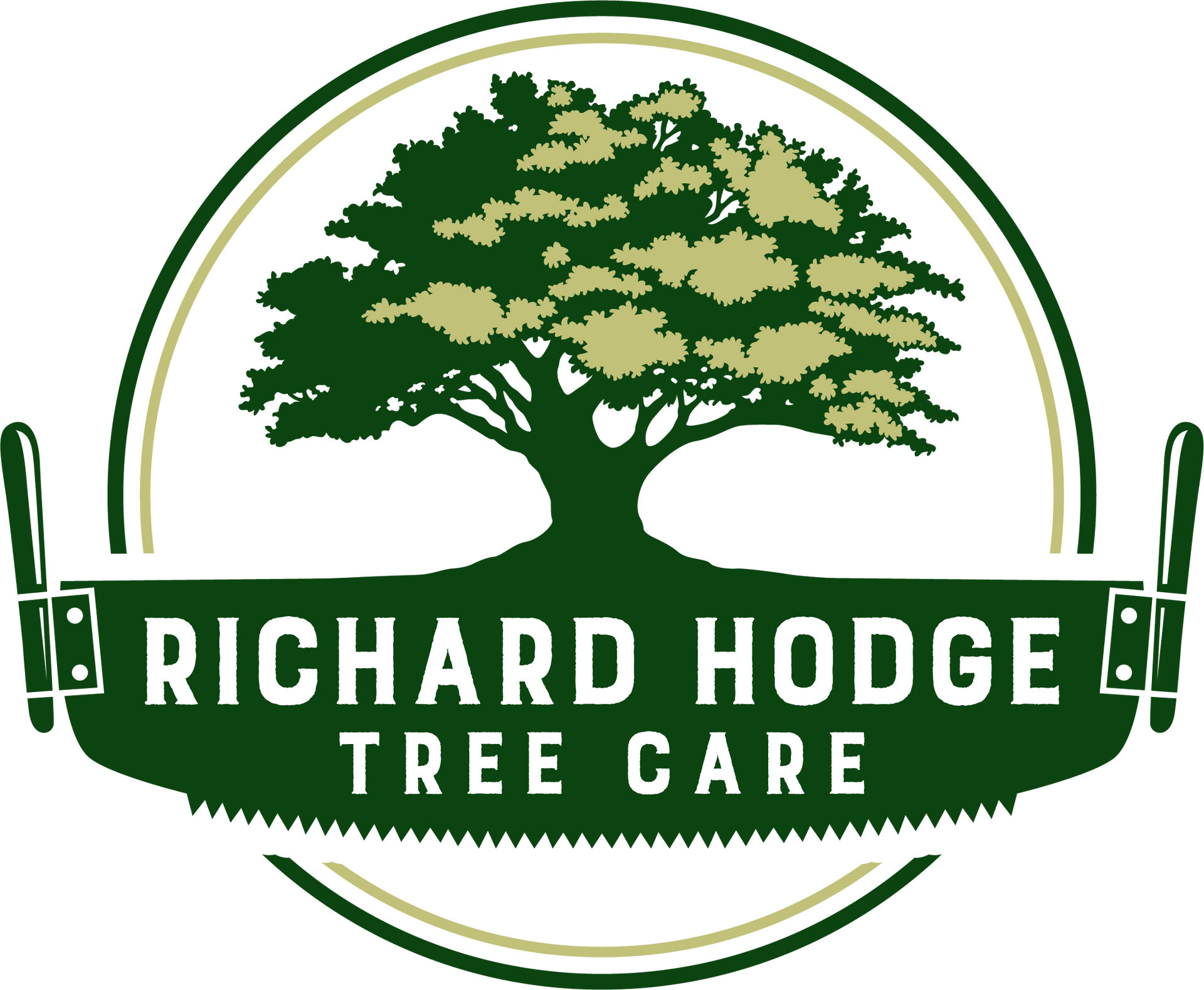 Black chainsaw over text reading "Richard Hodge Tree Care."