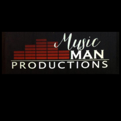 Logo for Music Man Productions, with a sound wave graphic and white text on a black background.