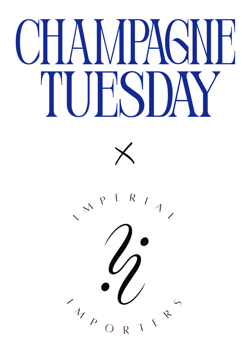 Champagne Tuesday logo with Imperial Importers logo. Blue text on white.