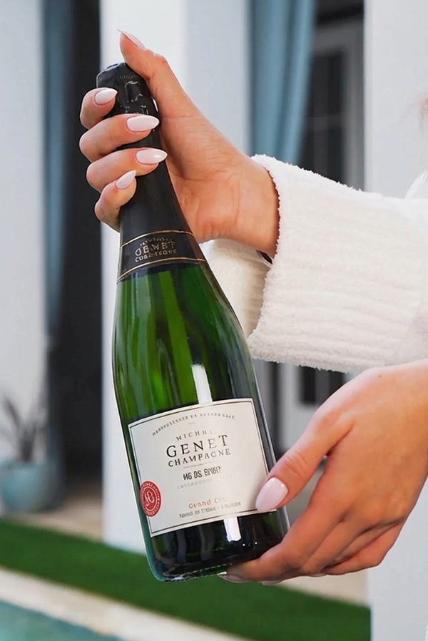 Woman holding a green champagne bottle with a white label, near a pool.